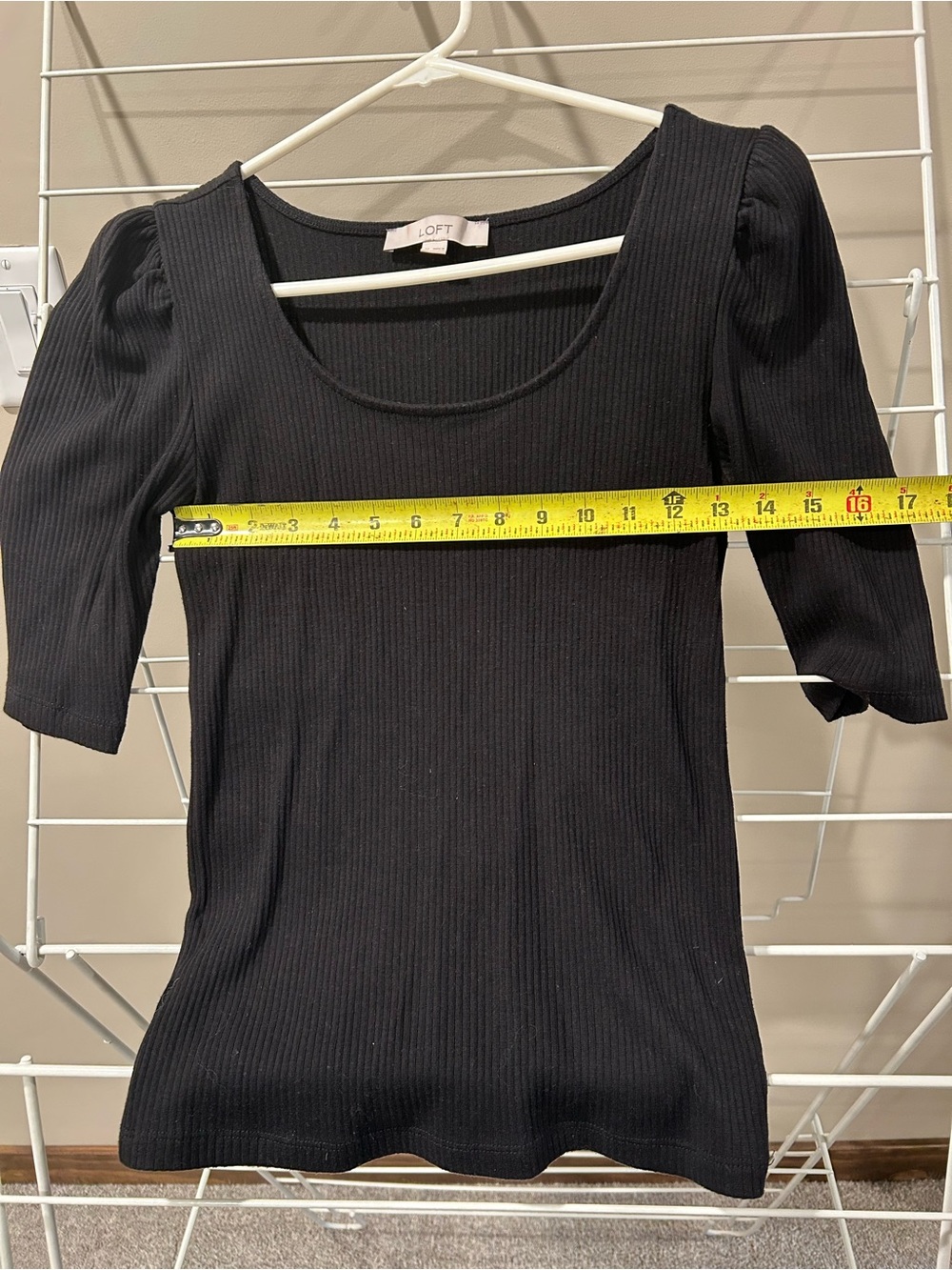 LOFT Black Ribbed Scoop Neck Top with Slight Puff Sleeves